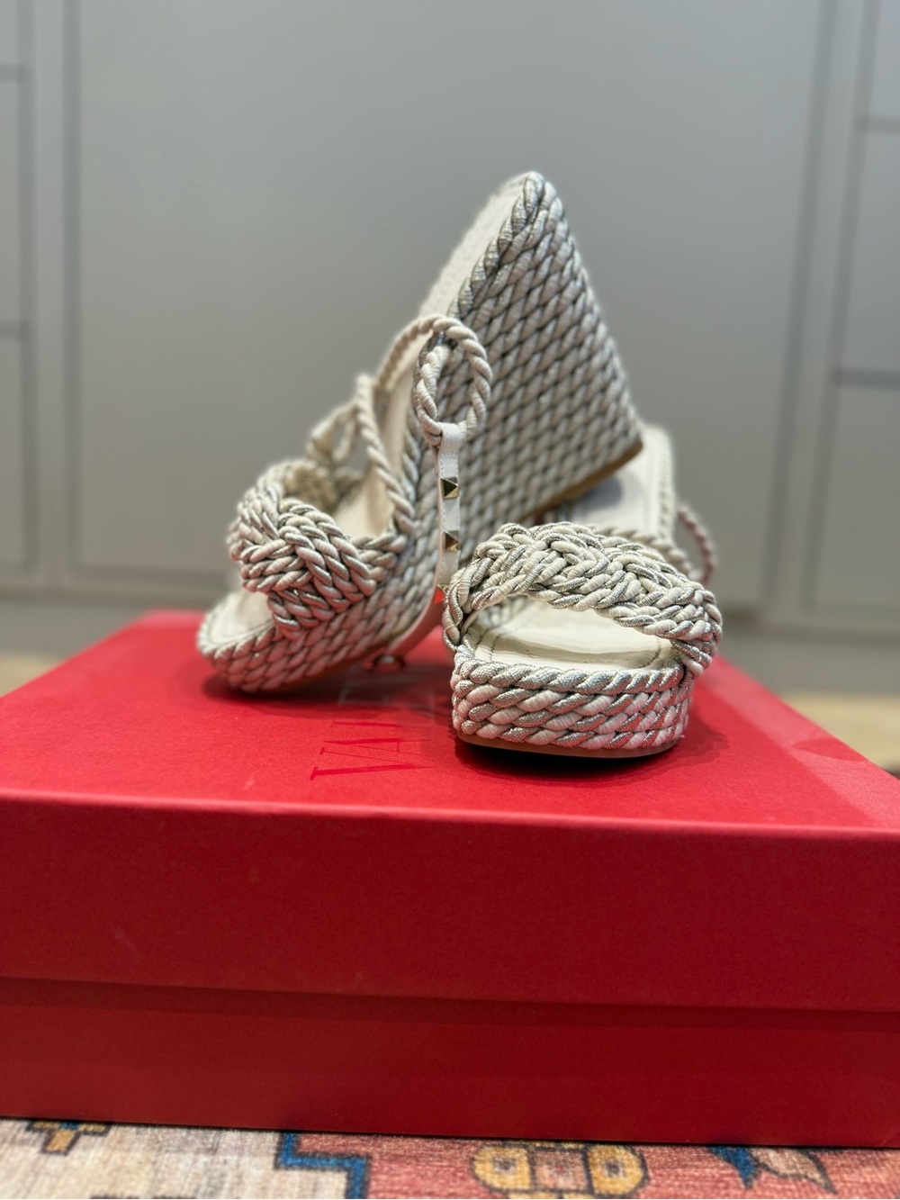 Valentino Garavani Braided Rope Platform Wedges in Off-White
